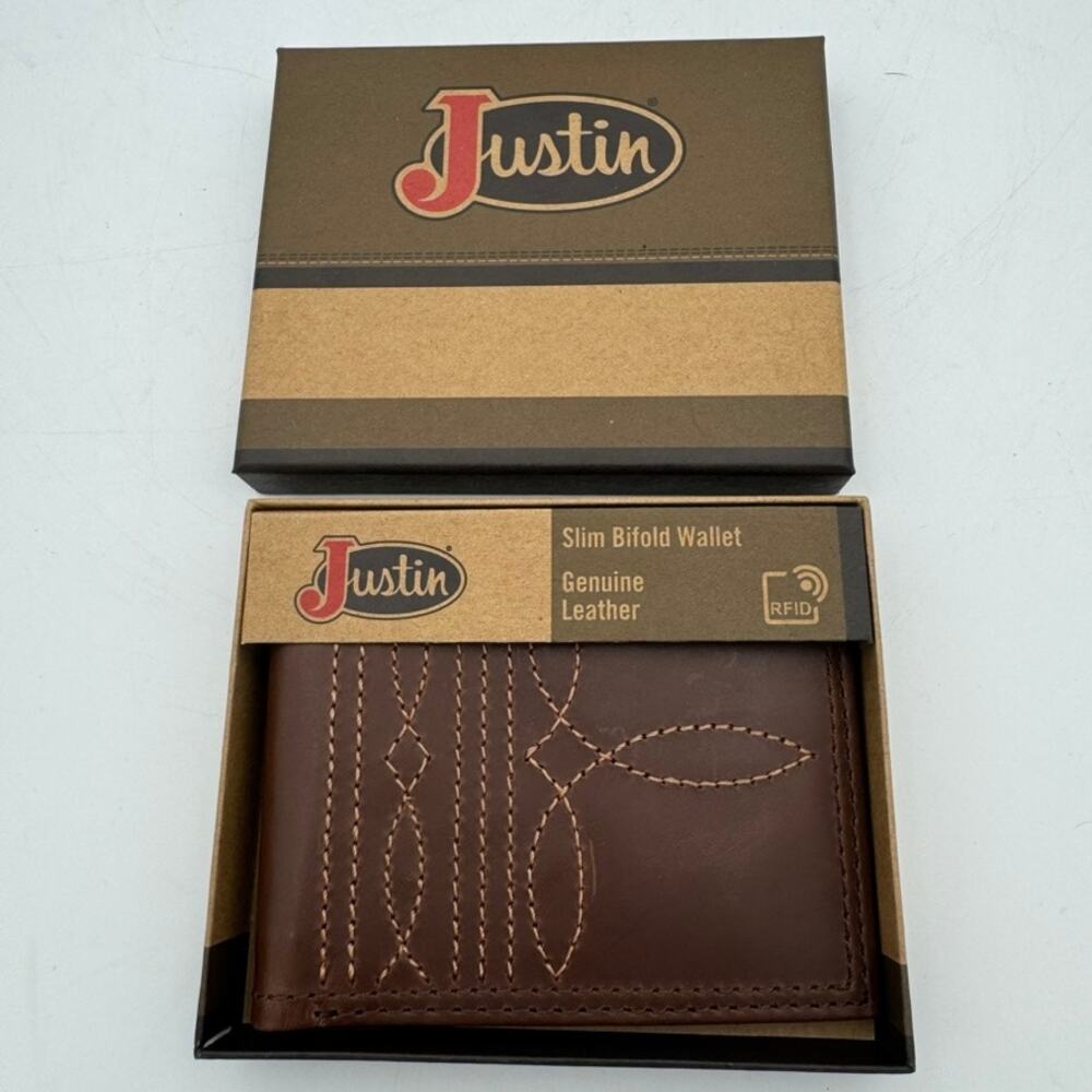Justin Slim Bifold RFID Wallet Genuine Leather Western Stitch Brown Gift Box NIB